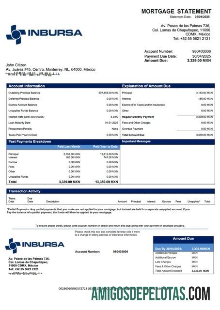 realista Modelo Word e PDF de extrato de hipoteca do México Banco Inbursa